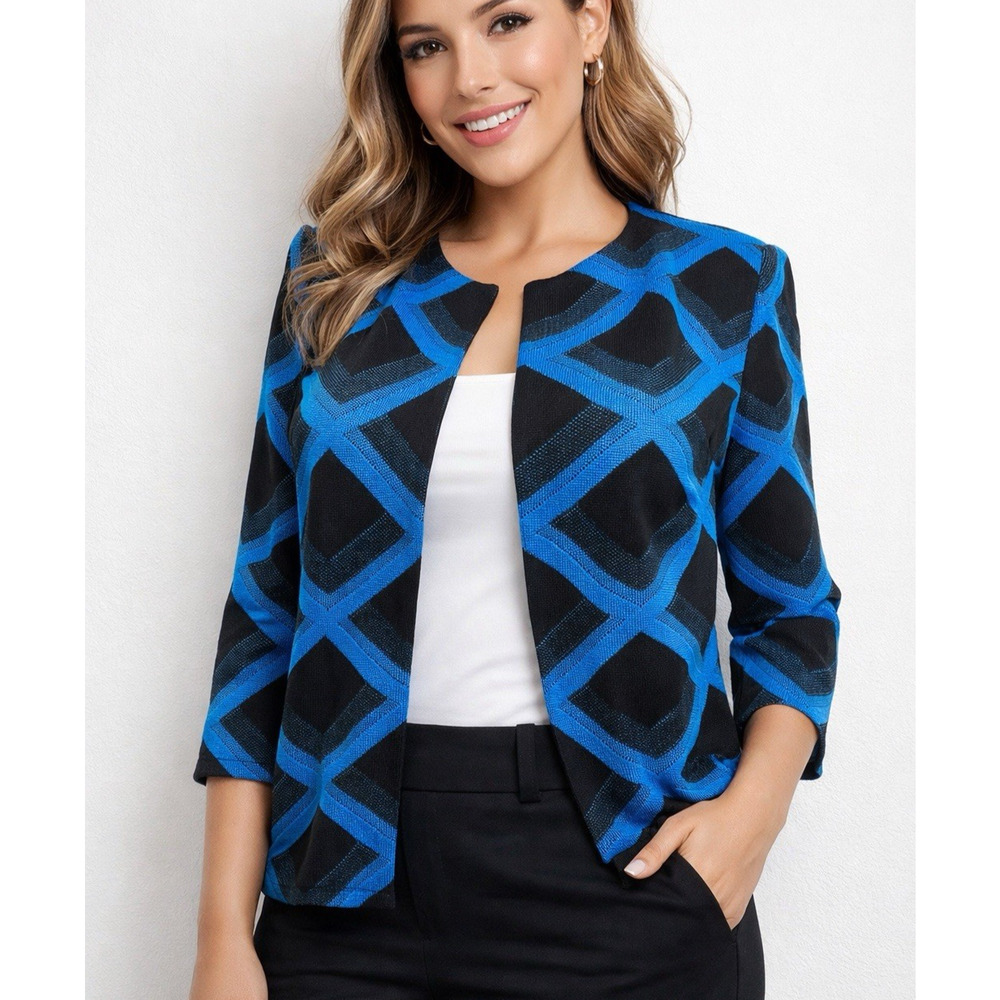 Ming Wang Blue Black Diamond Print Cardigan Sweater Jacket 3/4 Sleeve M